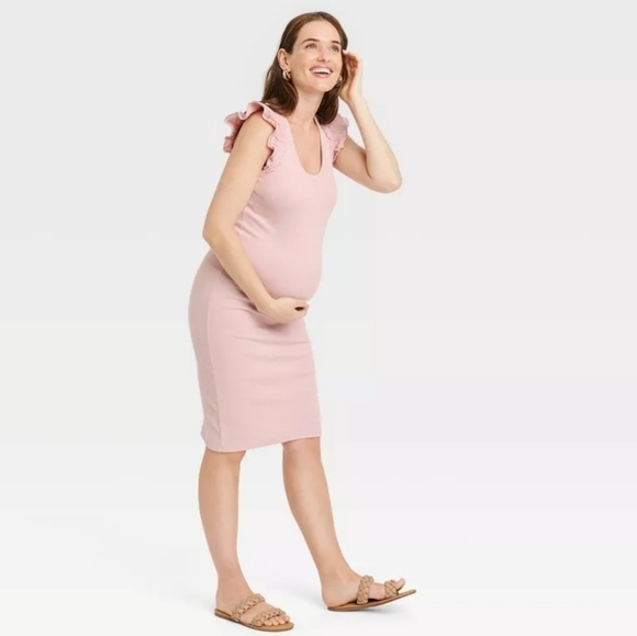 The Nines by HATCH Blush Pink Flutter  Ribbed Jersey Maternity Dress M - Picture 1 of 5